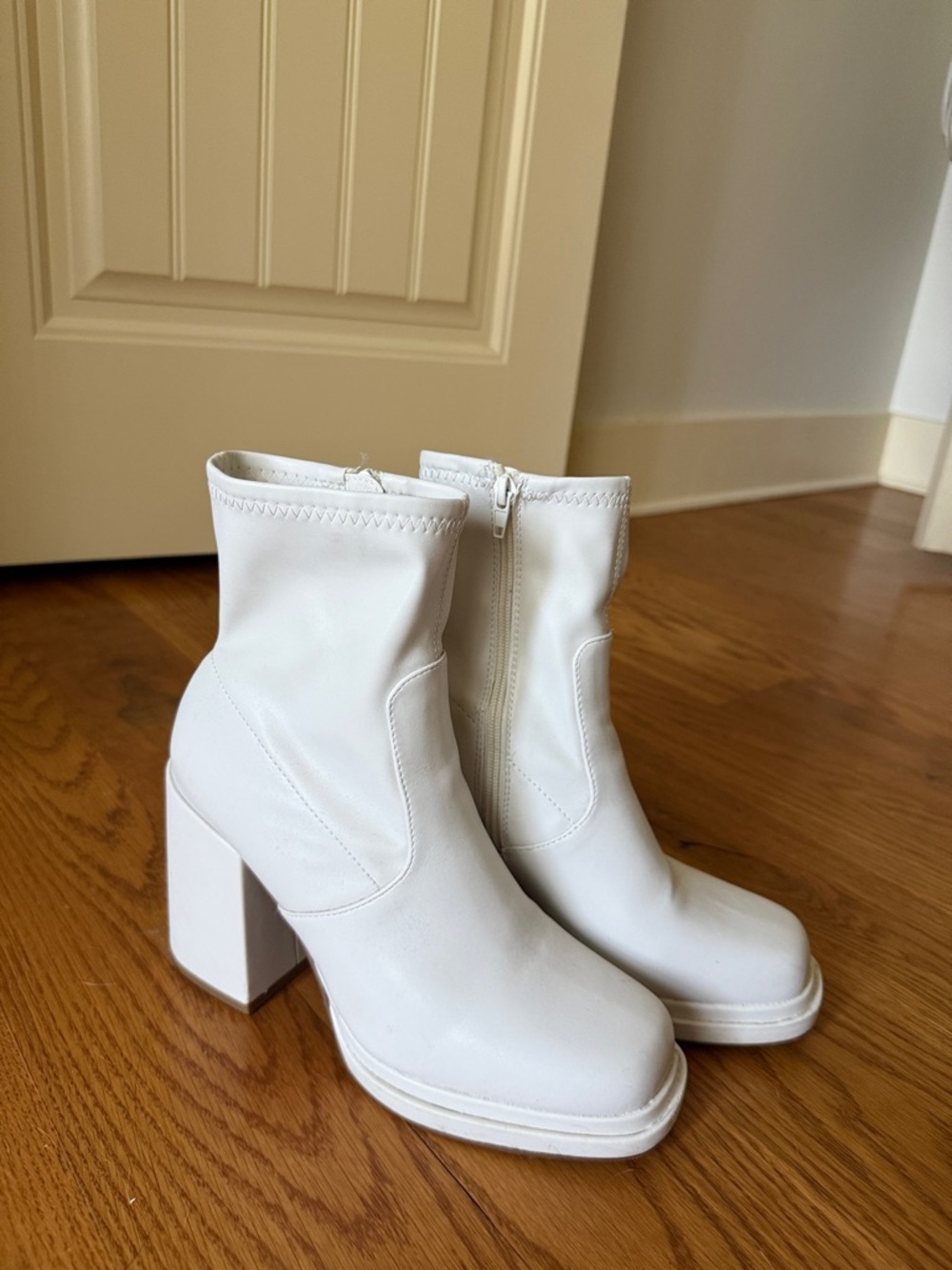 Steve Madden White Block Heel Ankle Boots